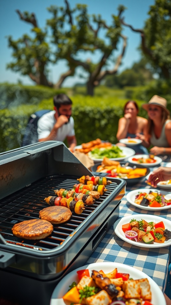 A sunny outdoor barbecue scene with grilled burgers, chicken skewers, and vegetables on a disposable grill.